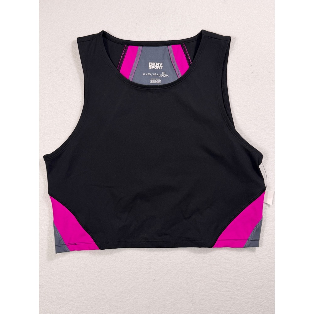 DKNY Sport Crop Top Women XL Black Pink Colorblock High Neck Tank DP4T9980 NEW